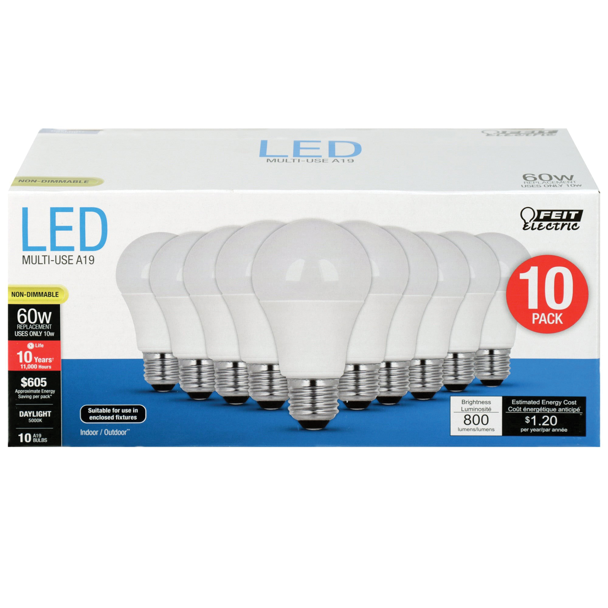 Feit Electric A800/850/10KLED/10 LED Bulb, General Purpose, 800 Lumens, 10 W, A19 Lamp, 60 W Equivalent, E26 Lamp Base