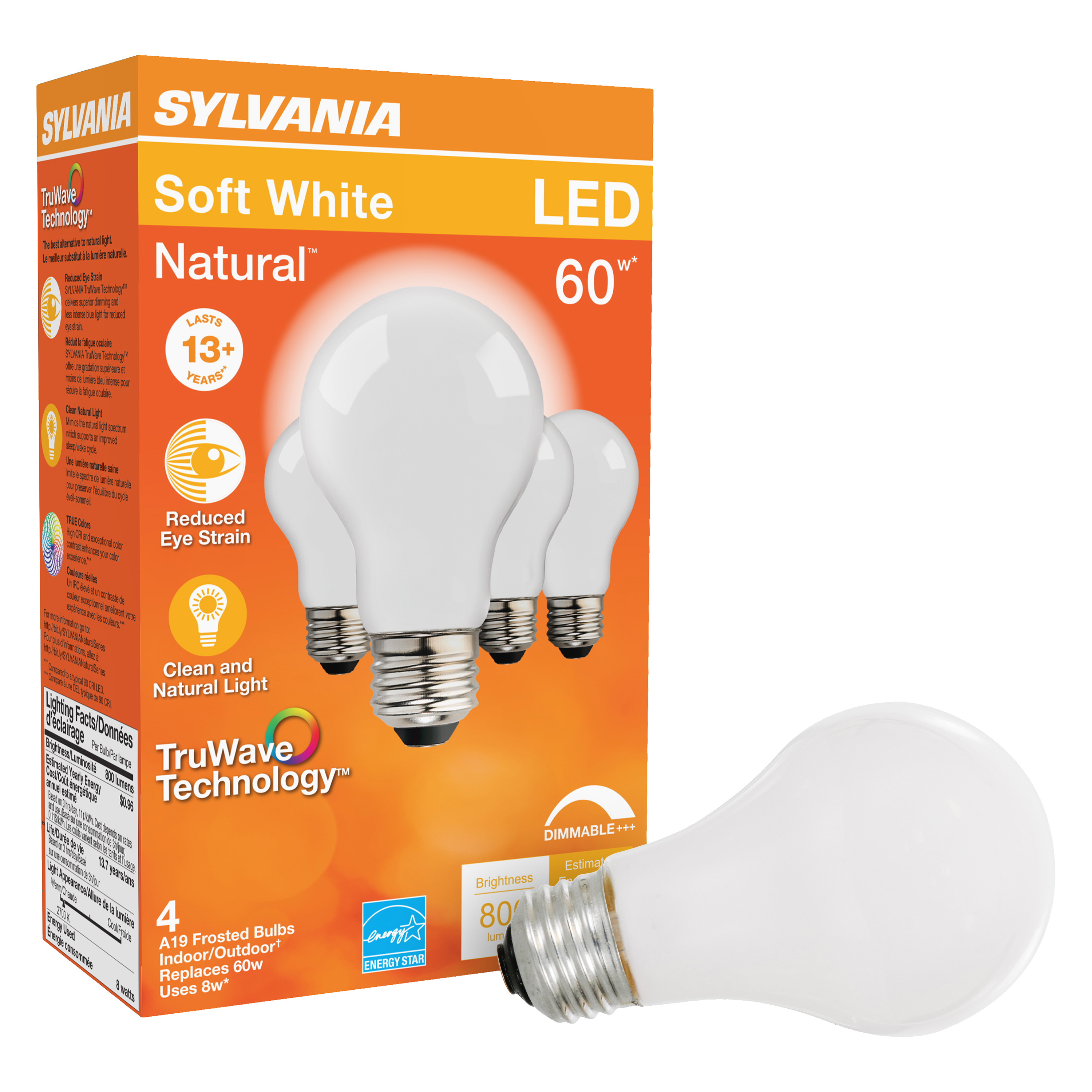 Sylvania 40670 LED Bulb, General Purpose, 120 V, 800 Lumens, 8 W, A19 Lamp, E26 Lamp Base, Dimmable, Frosted, Soft White
