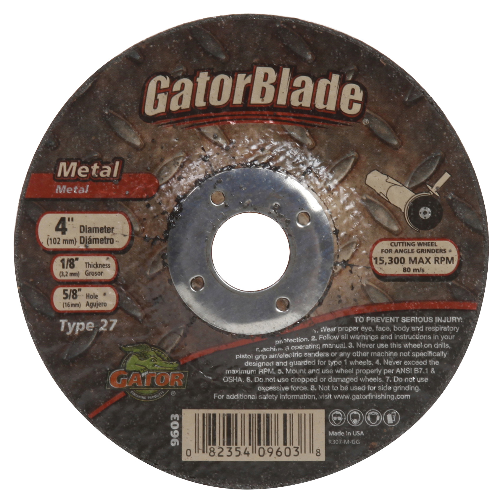 GatorBlade 9603 Cut-Off Wheel, 4 in Dia, 1/8 in Thick, 5/8 in Arbor, Silicone Carbide Abrasive, 24 Grit