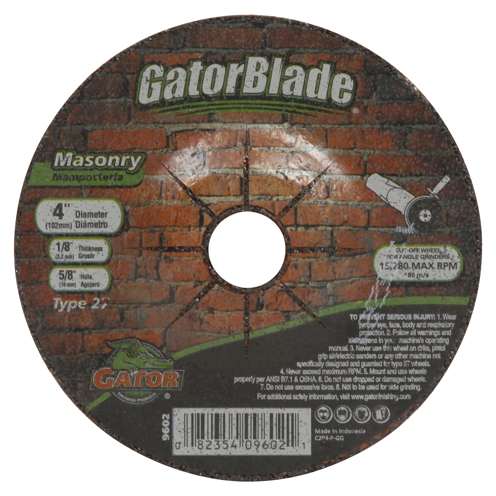 GatorBlade 9602 Cut-Off Wheel, 4 in Dia, 1/8 in Thick, 5/8 in Arbor, 24 Grit, Silicone Carbide Abrasive
