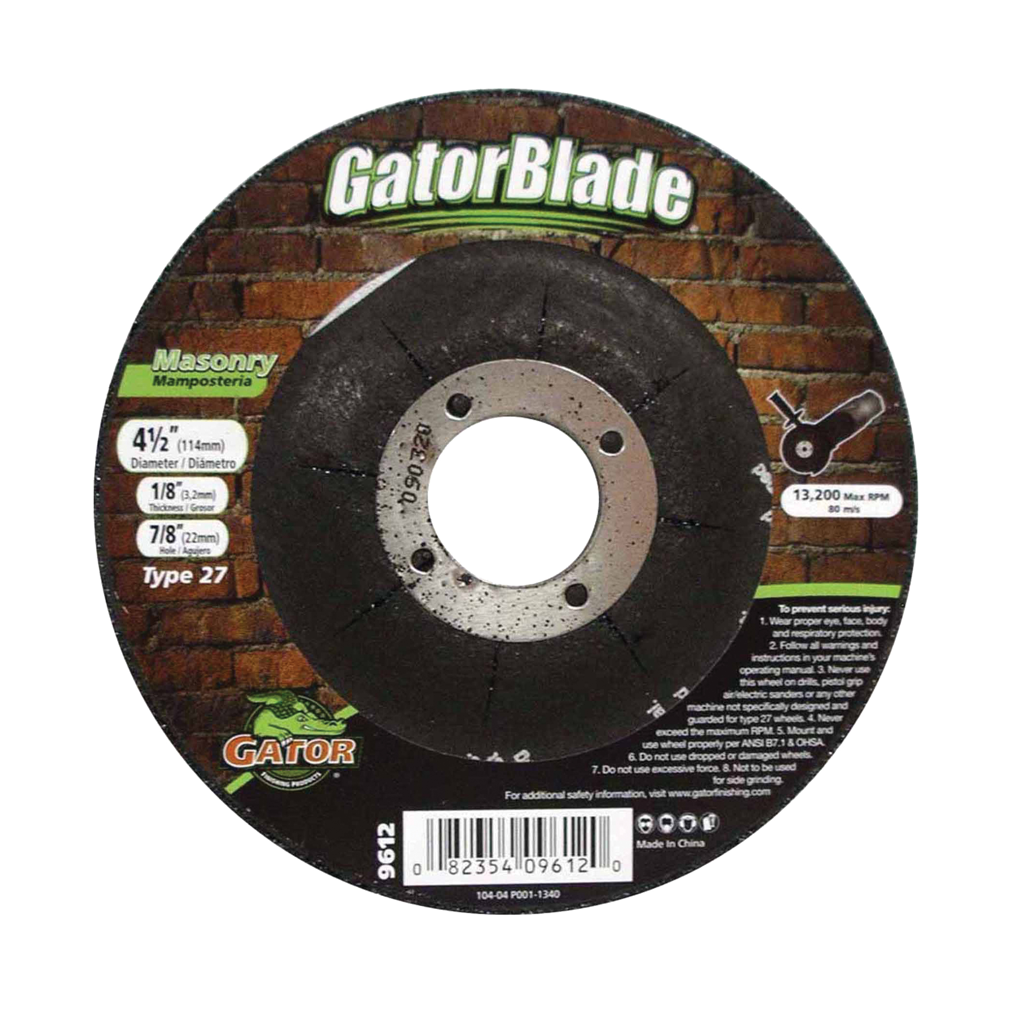 GatorBlade 9612 Cut-Off Wheel, 4-1/2 in Dia, 1/8 in Thick, 7/8 in Arbor, 24 Grit, Silicone Carbide Abrasive