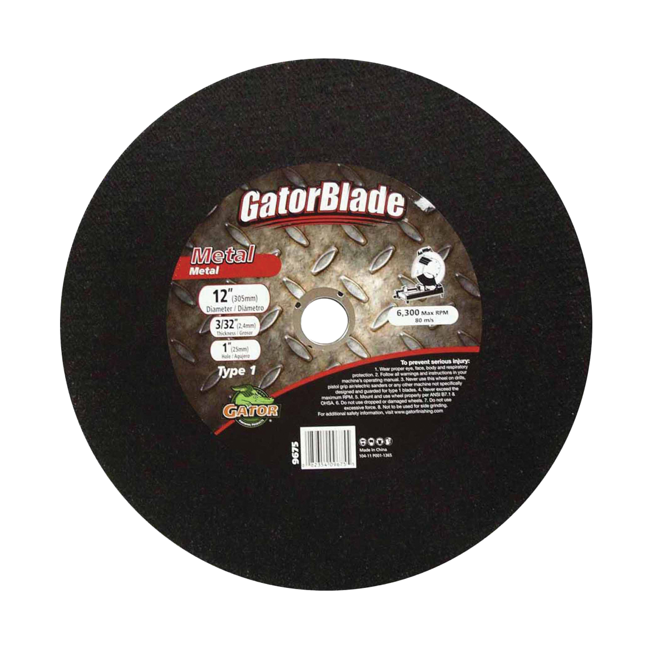 GatorBlade 9675 Cut-Off Wheel, 12 in Dia, 3/32 in Thick, 1 in Arbor
