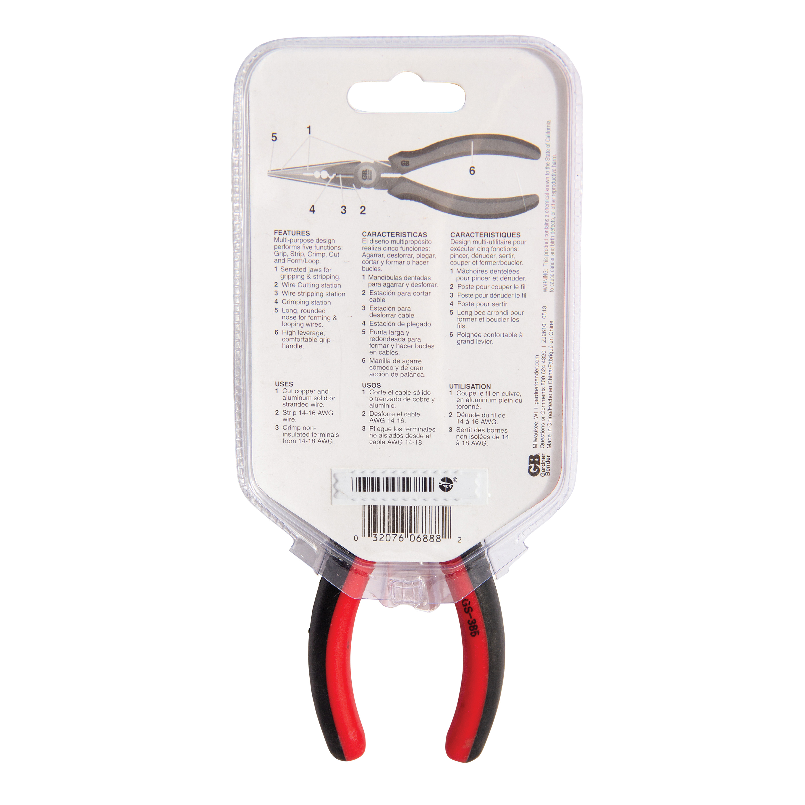 Gardner Bender GS-385 Pliers, 6-3/4 in OAL, 1-1/2 in Jaw Opening, Red Handle, Cushion Handle, 1/4 in W Tip