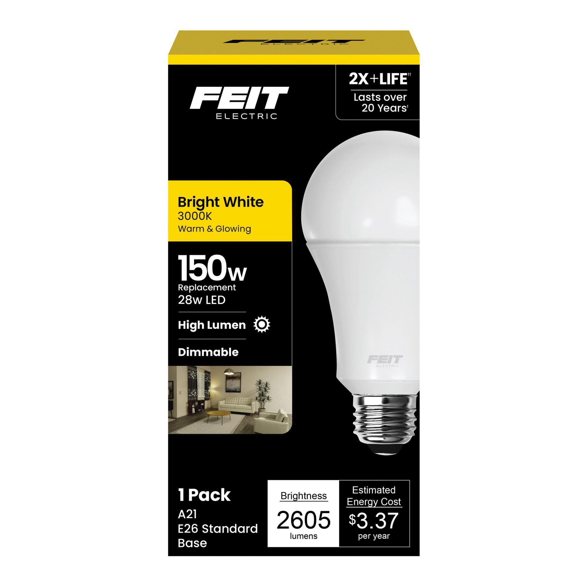 Feit Electric OM150DM/830/LED LED Bulb, General Purpose, 2605 Lumens, 28 W, A21 Lamp, 150 W Equivalent, E26 Lamp Base
