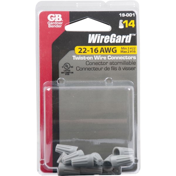 Gardner Bender WireGard GB-1 Series 19-001 Wire Connector, Gray, 22 to 16 AWG Wire, Steel Contact, 14/CD