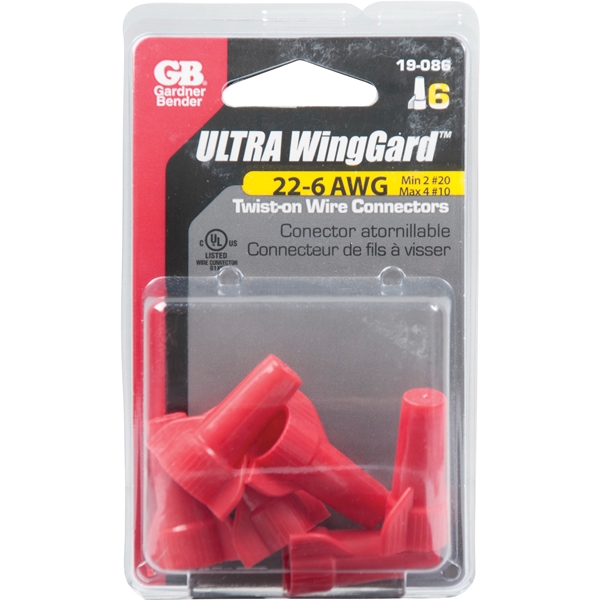 Gardner Bender WingGard 19-086 Wire Connector, 22 to 6 AWG Wire, Steel Contact, Thermoplastic Housing Material, Red