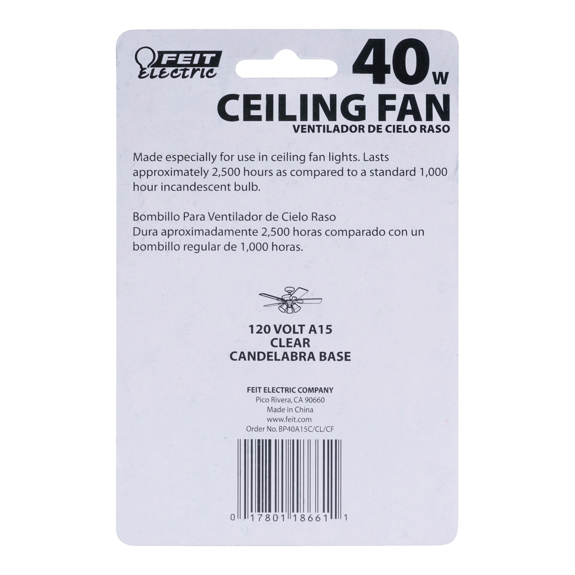 Feit Electric BP40A15C/CL/CF Incandescent Lamp, Clear Lamp, 1.87 in D x 3.25 in H Dimensions, 40 W, A15 Lamp, 280 Lumens