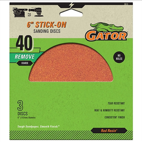 Gator 3013 Sanding Disc, 6 in Dia, 40 Grit, Extra Coarse, Aluminum Oxide Abrasive, Paper Backing