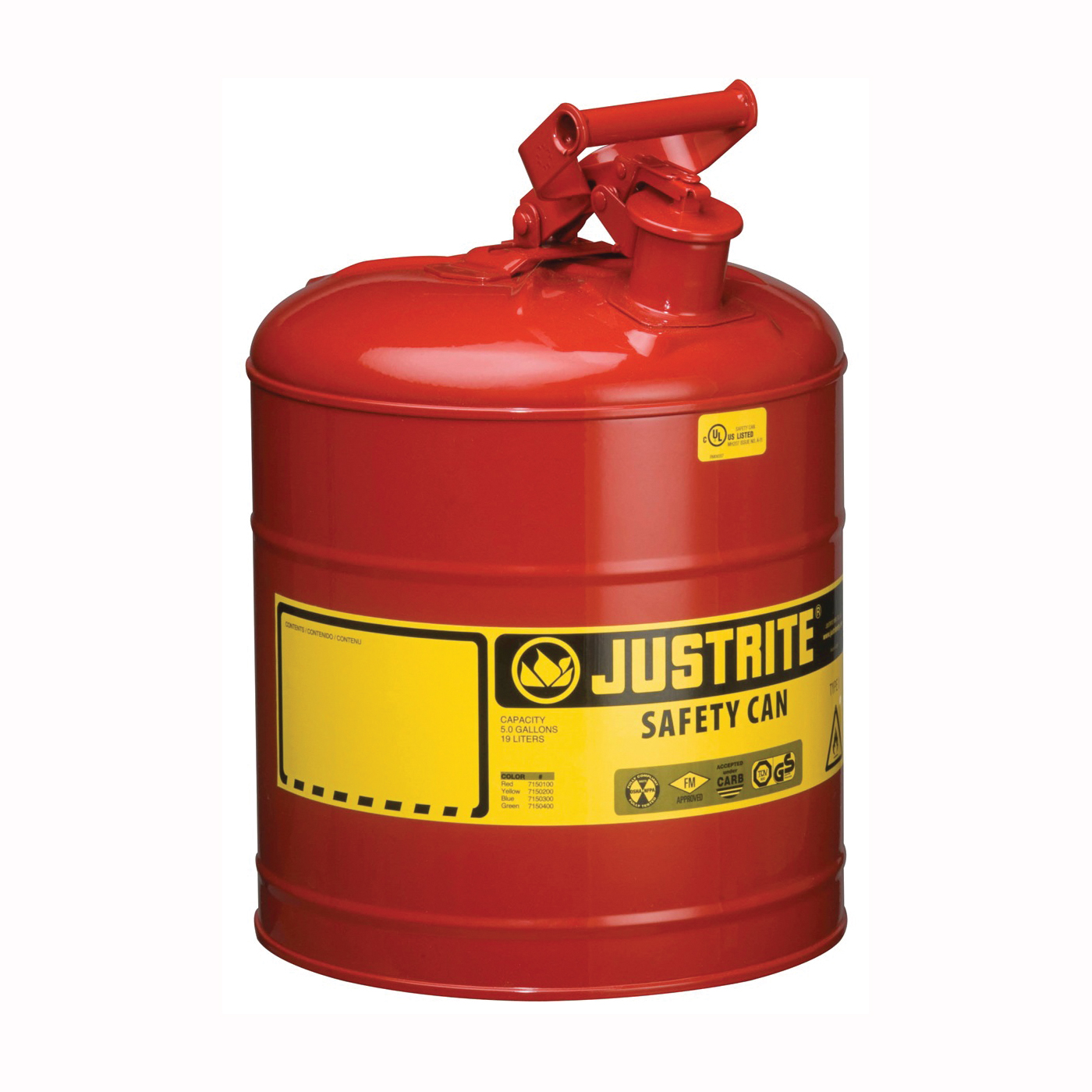 Justrite 7150100 Safety Can, 11-3/4 in Dia, 16-7/8 in OAH, 5 gal, Steel