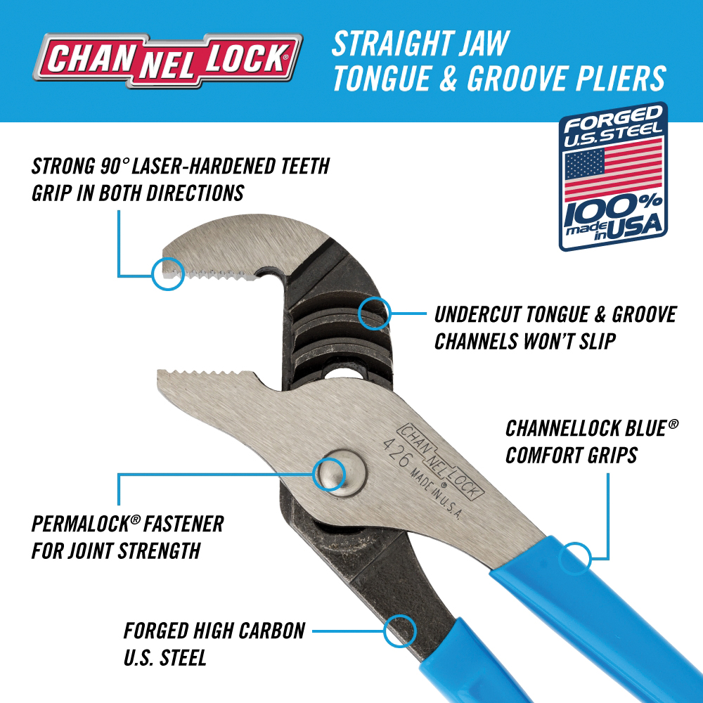 Channellock 426 Tongue and Groove Pliers, 6-1/2 in OAL, 0.87 in Jaw Opening, Blue Handle, Cushion Grip Handle
