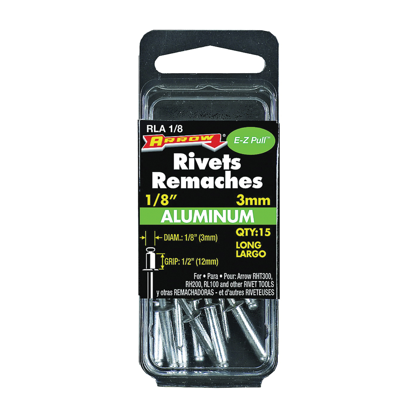 Arrow RLA1/8 Pop Rivet, Long, 1/2 in Grip, 1/2 in L, Aluminum, 15/PK