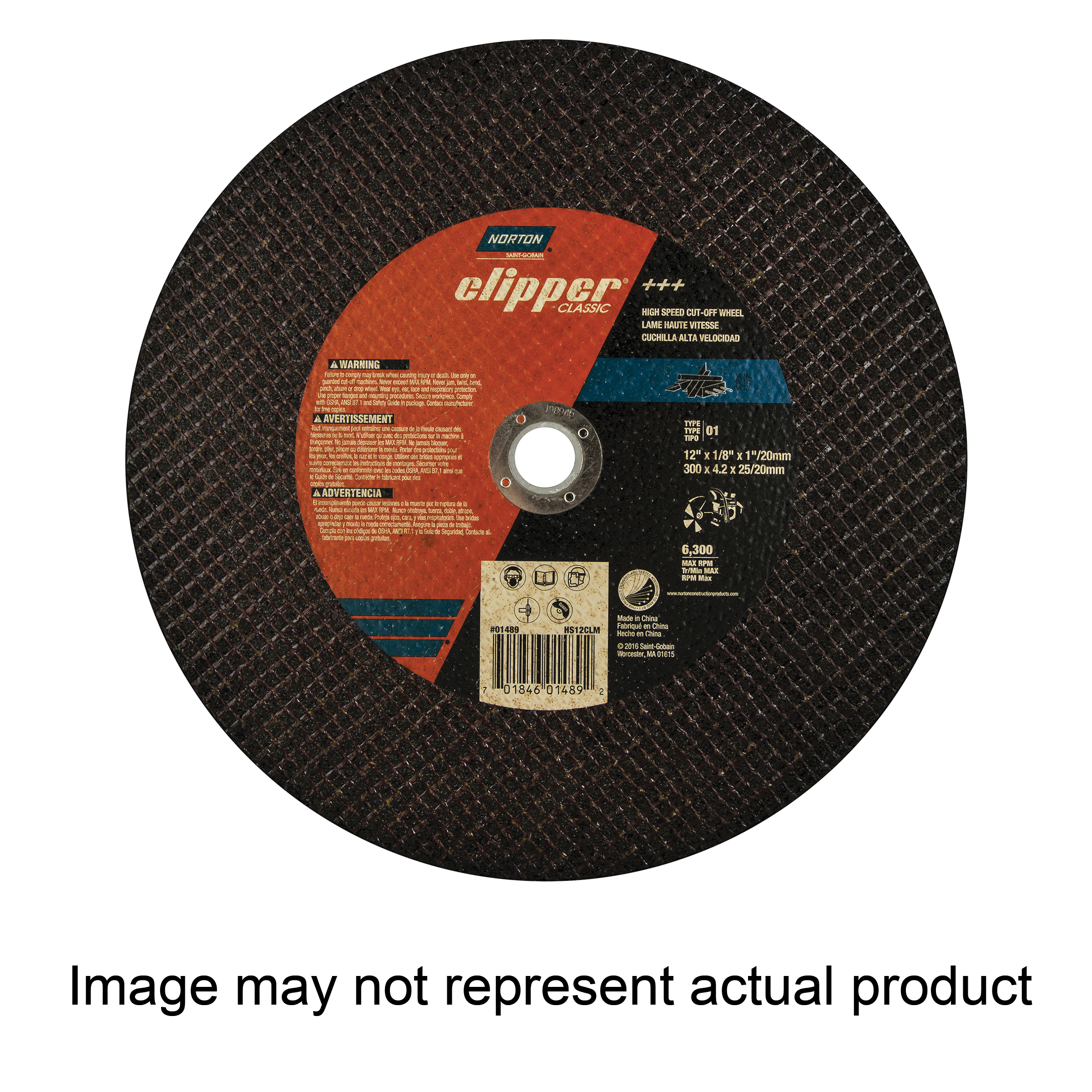 Norton Clipper Classic 70184601493 Cut-Off Wheel, 14 in Dia, 1/8 in Thick, 1 in Arbor, Aluminum Oxide Abrasive