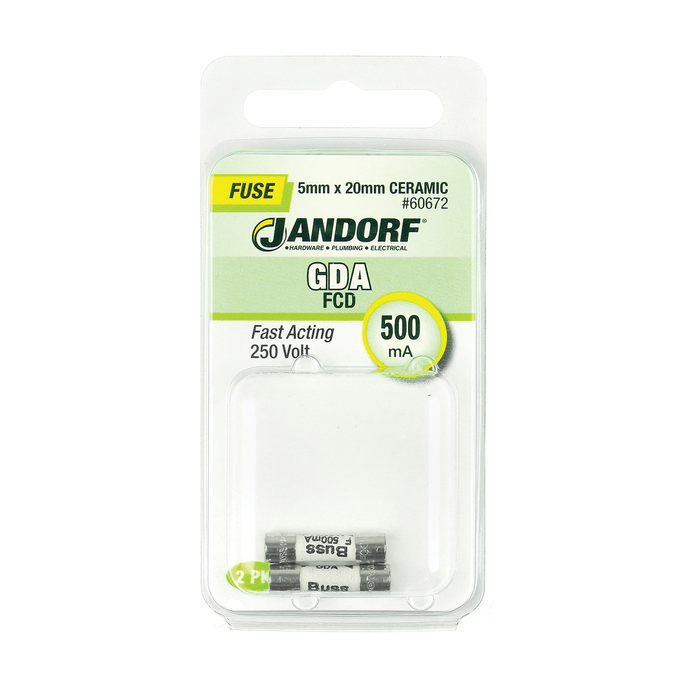 JANDORF GDA Series 60672 Fast Acting Fuse, 500 mA, 250 V, 1500 A Interrupt, Ceramic Body, GDA, Fast-Acting Fuse