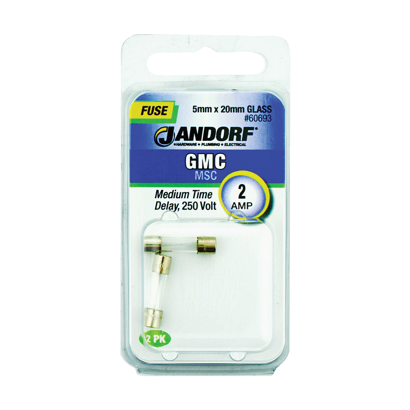 JANDORF GMC Series 60693 Time Delay Fuse, 2 A, 250 V, 100 A, 10 kA Interrupt, Glass Body, Medium Time Delay Fuse