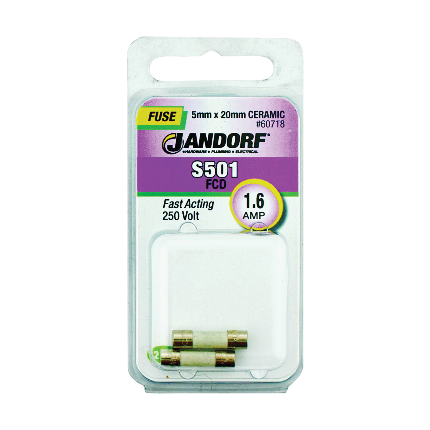 Jandorf 60718 Fast Acting Fuse, 0.11 Ohm, 1.6 A, 250 V, 1500 A Interrupt, Ceramic Body