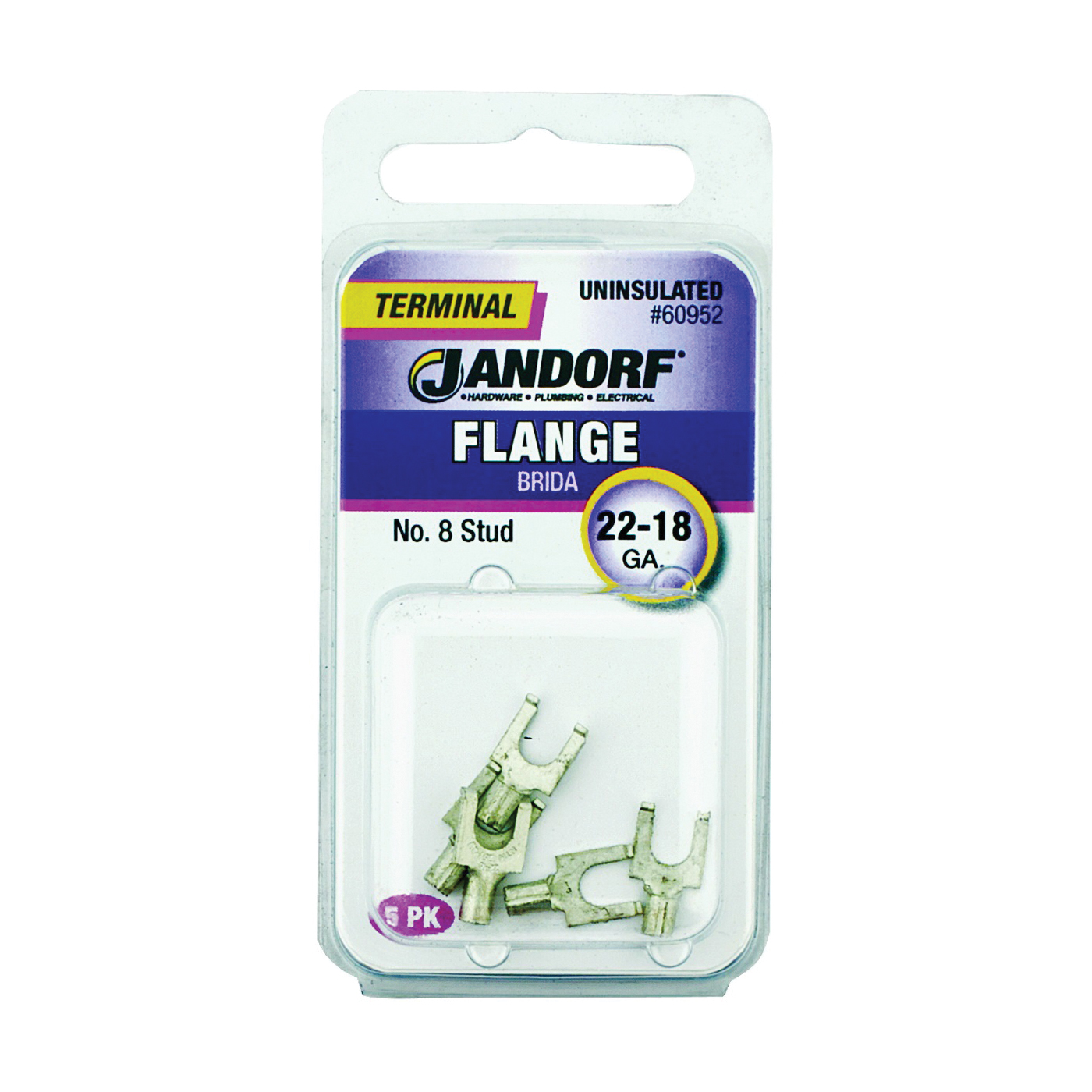 JANDORF® 60952 Non-Insulated Flanged Spade Terminal, 22 to 18 AWG Wire, #8 Stud, Copper Contact