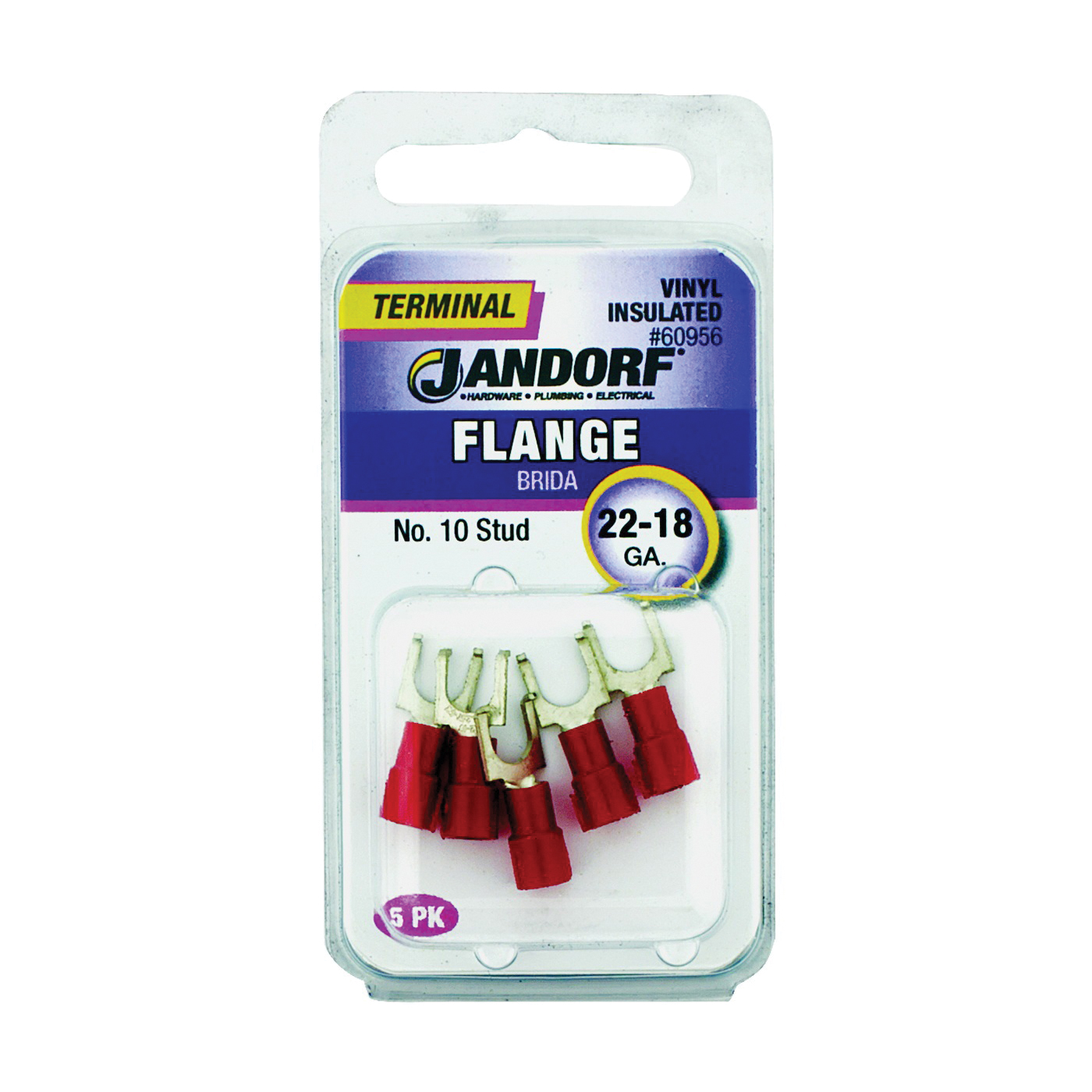 JANDORF® 60956 Flanged Spade Terminal, 22 to 18 AWG Wire, #10 Stud, Vinyl Insulation, Copper Contact, Red
