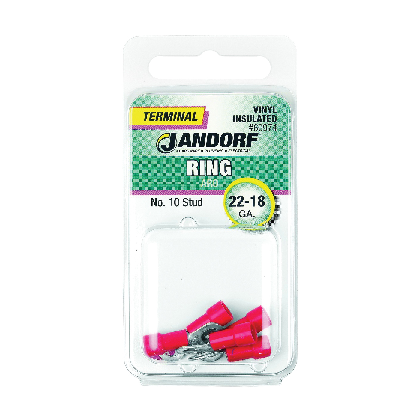JANDORF® 60974 Ring Terminal, 22 to 18 AWG Wire, #10 Stud, Vinyl Insulation, Copper Contact, Red