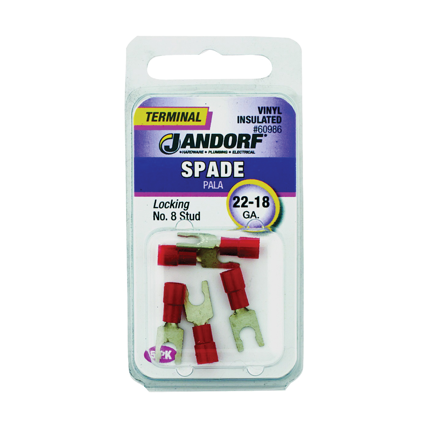 JANDORF® 60986 Locking Spade Terminal, 600 V, 22 to 18 AWG Wire, #8 Stud, Vinyl Insulation, Copper Contact, Red