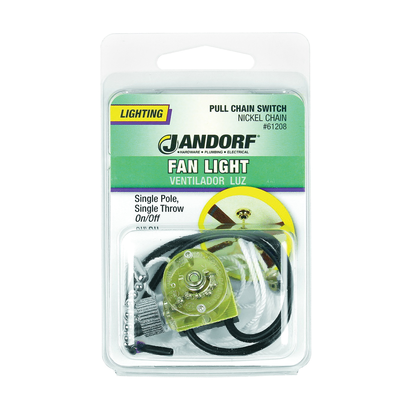 Jandorf 61208 Pull Chain Switch, 1 -Pole, 125 V, 3 A, Nickel