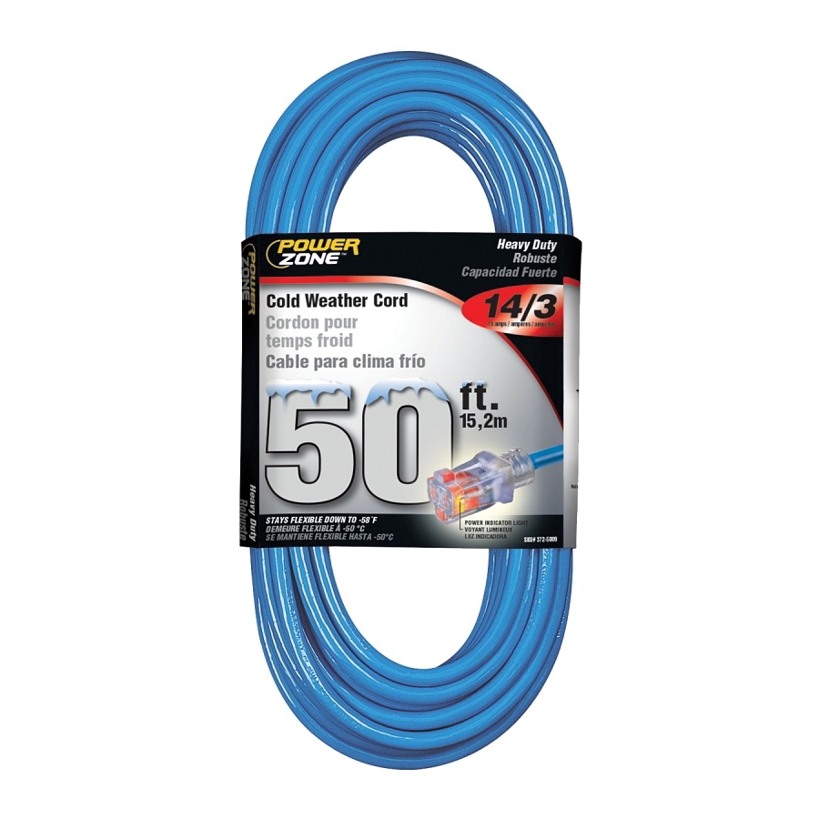 PowerZone ORCW511730 Extension Cord, 14 AWG Cable, 5-15P Grounded Plug, 5-15R Grounded Receptacle, 50 ft L, 125 V