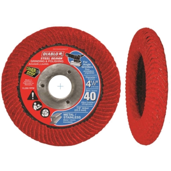 Diablo Steel Demon Corner-Edge Series DCC045040N01F Flap Disc, 4-1/2 in Dia, 7/8 in Arbor, 40 Grit, Ultra Coarse