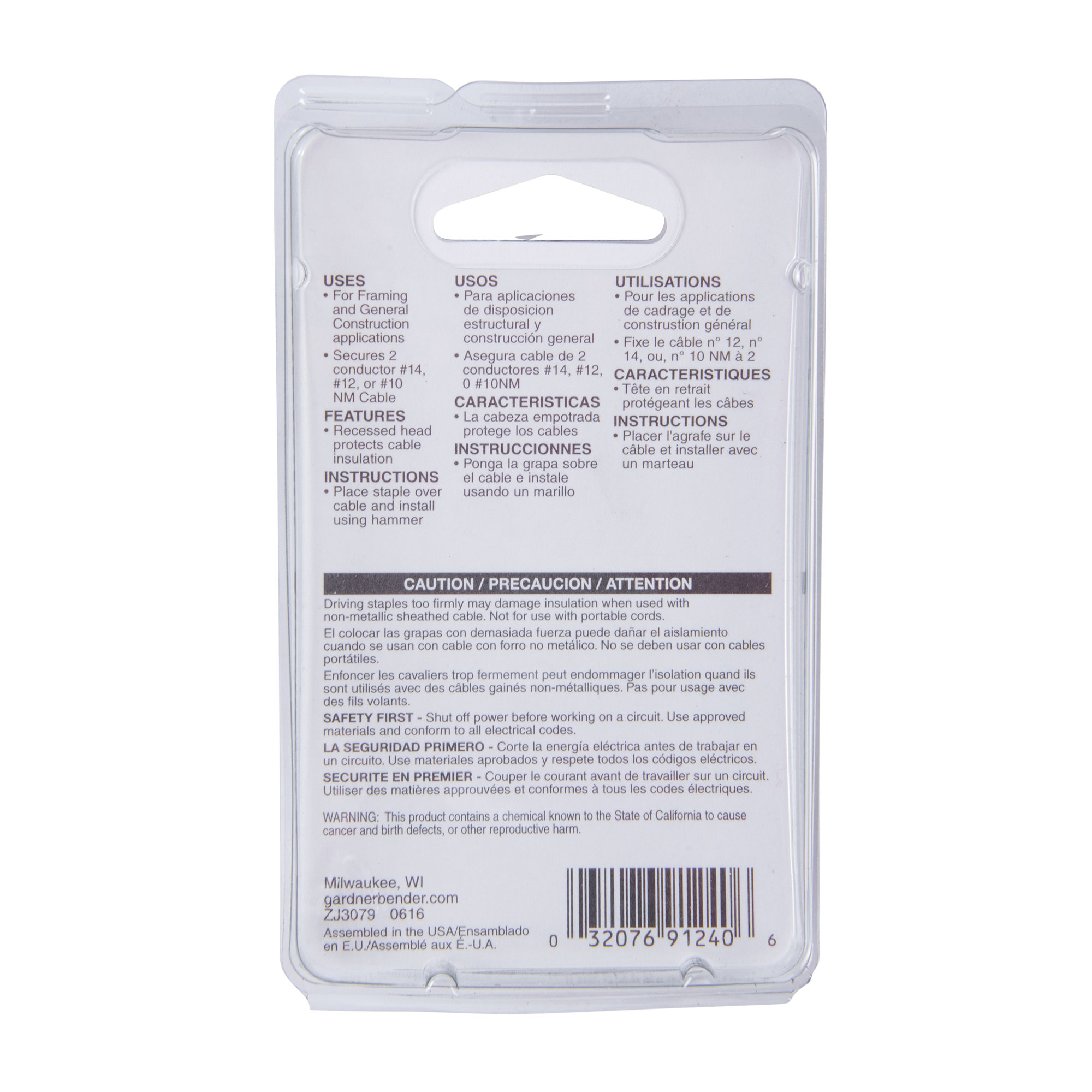Gardner Bender MS-1550T Cable Staple, 1/2 in W Crown, 1-1/8 in L Leg, Metal, Graphite